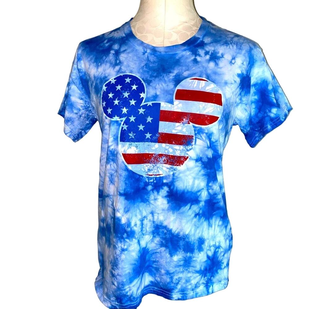 Disney Mickey Mouse American Flag Stars Stripes Blue Tie Dye size medium t-shirt
